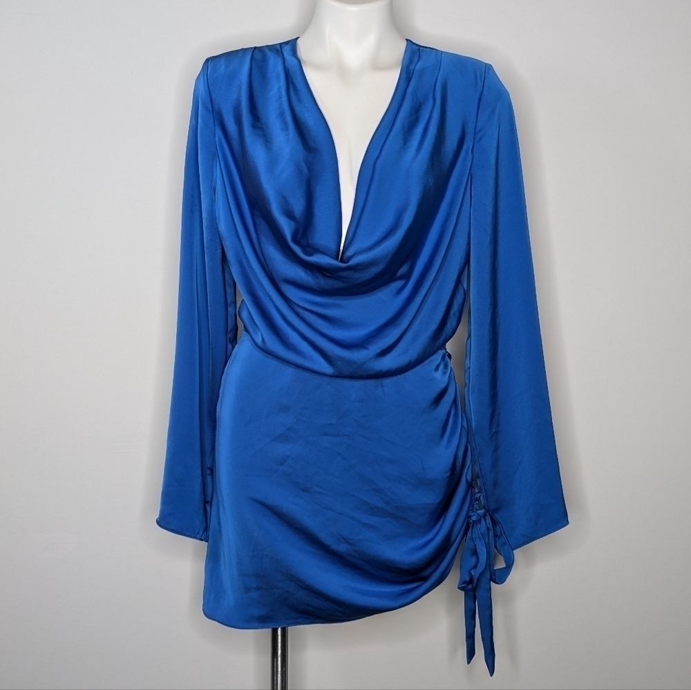 Ramy Brook blue satin long sleeve mini dress M